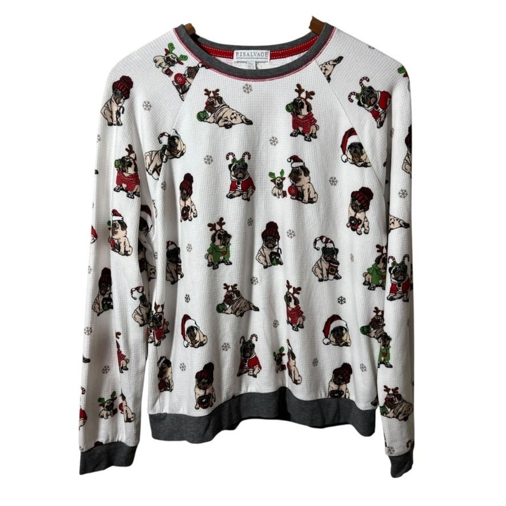 PJ Salvage Holiday Dog Print Top White Gray Small Cozy Christmas‎